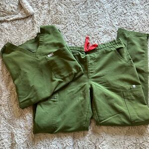 Green Scrub Set with Red Drawstring